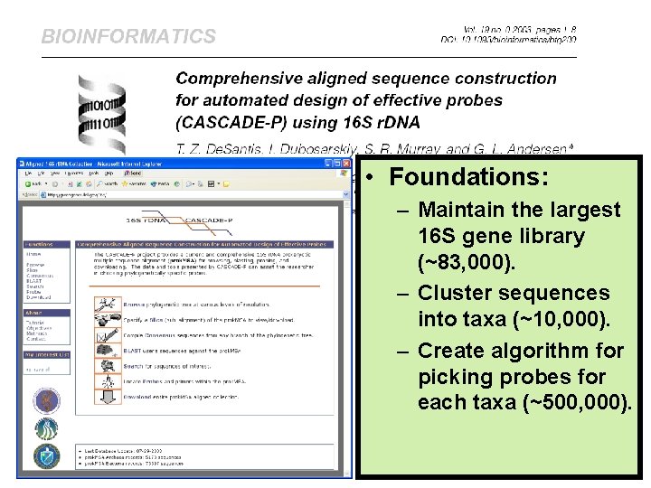  • Foundations: – Maintain the largest 16 S gene library (~83, 000). –