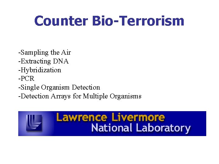 Counter Bio-Terrorism -Sampling the Air -Extracting DNA -Hybridization -PCR -Single Organism Detection -Detection Arrays