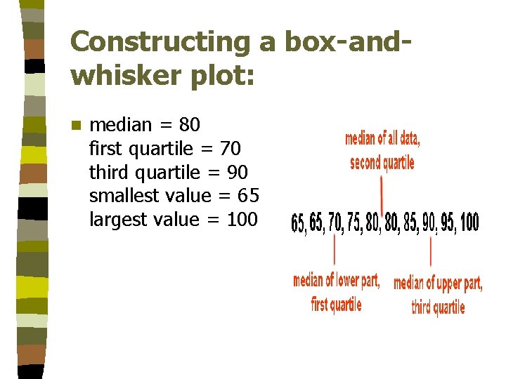 Constructing a box-andwhisker plot: n median = 80 first quartile = 70 third quartile Constructing a box-andwhisker plot: n median = 80 first quartile = 70 third quartile
