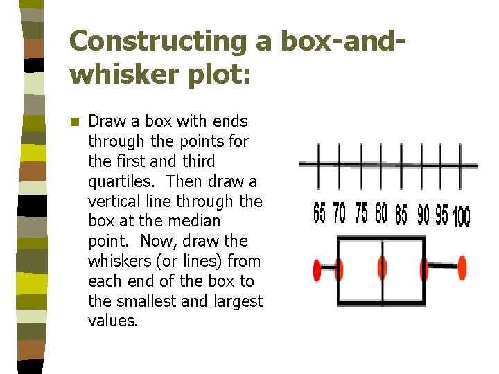Constructing a box-andwhisker plot: n Draw a box with ends through the points for