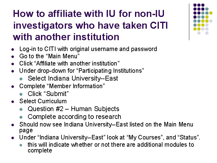 How to affiliate with IU for non-IU investigators who have taken CITI with another