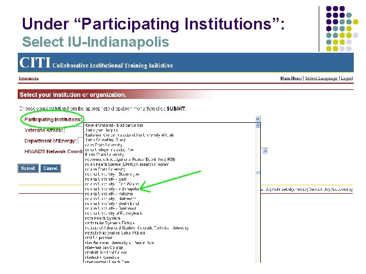 Under “Participating Institutions”: Select IU-Indianapolis 