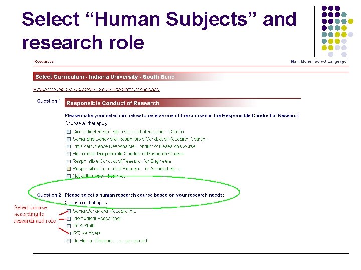 Select “Human Subjects” and research role 