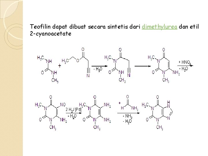 Teofilin dapat dibuat secara sintetis dari dimethylurea dan etil 2 -cyanoacetate 