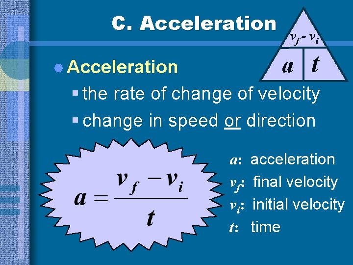 C. Acceleration vf - vi a t l Acceleration § the rate of change