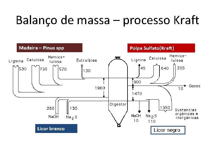 Balanço de massa – processo Kraft Madeira – Pinus spp Licor branco Polpa Sulfato(Kraft)