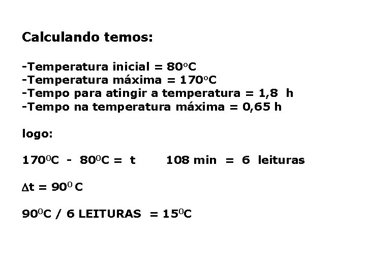 Calculando temos: -Temperatura inicial = 80 o. C -Temperatura máxima = 170 o. C