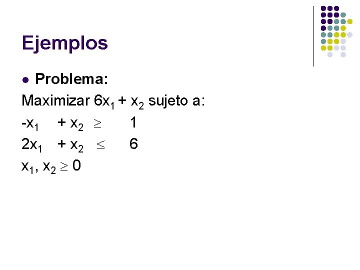 Ejemplos Problema: Maximizar 6 x 1 + x 2 sujeto a: -x 1 +