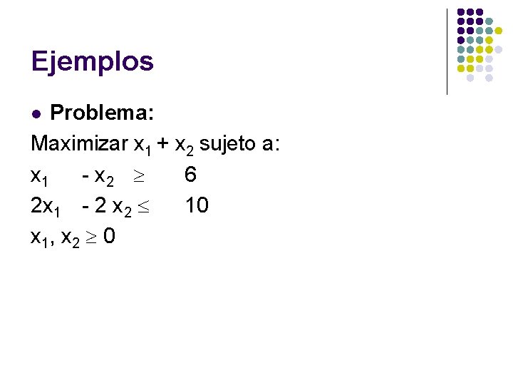 Ejemplos Problema: Maximizar x 1 + x 2 sujeto a: x 1 - x