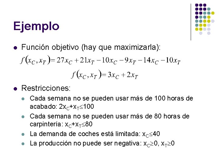 Ejemplo l Función objetivo (hay que maximizarla): l Restricciones: l l Cada semana no