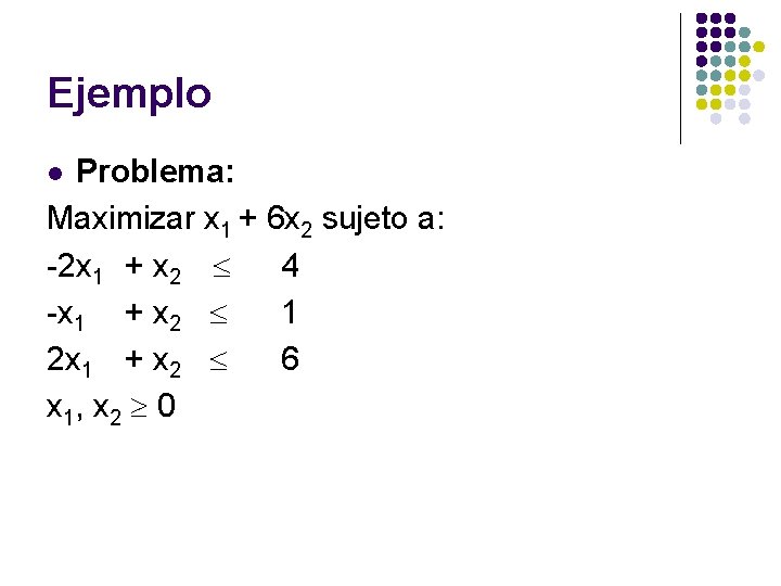 Ejemplo Problema: Maximizar x 1 + 6 x 2 sujeto a: -2 x 1