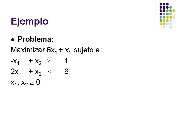 Ejemplo Problema: Maximizar 6 x 1 + x 2 sujeto a: -x 1 +