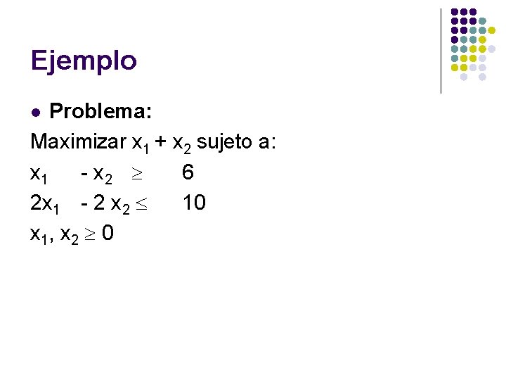Ejemplo Problema: Maximizar x 1 + x 2 sujeto a: x 1 - x
