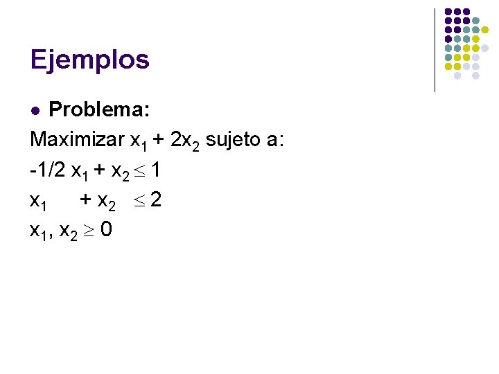 Ejemplos Problema: Maximizar x 1 + 2 x 2 sujeto a: -1/2 x 1