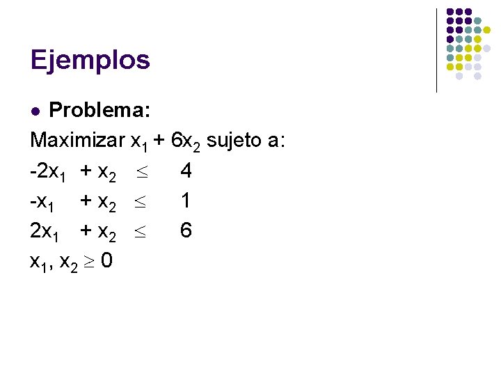 Ejemplos Problema: Maximizar x 1 + 6 x 2 sujeto a: -2 x 1