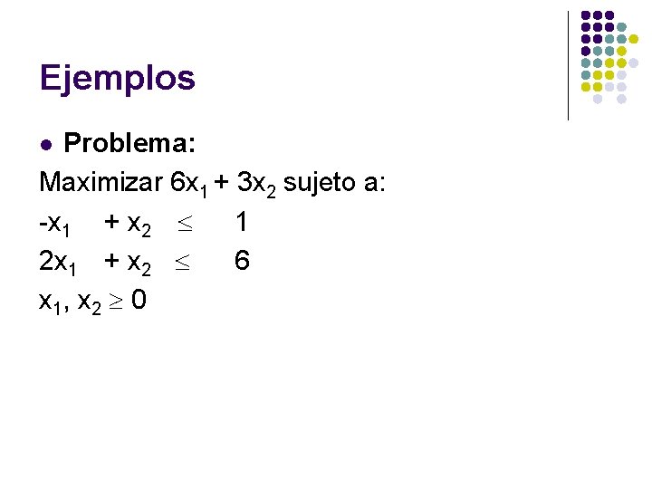 Ejemplos Problema: Maximizar 6 x 1 + 3 x 2 sujeto a: -x 1