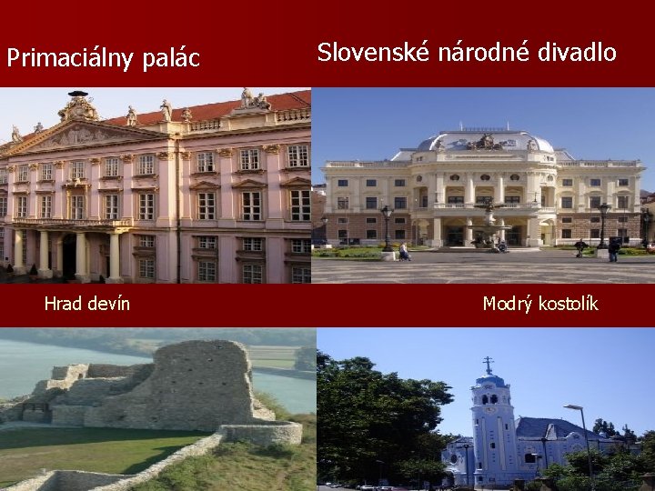 Primaciálny palác Slovenské národné divadlo Hrad devín Modrý kostolík 