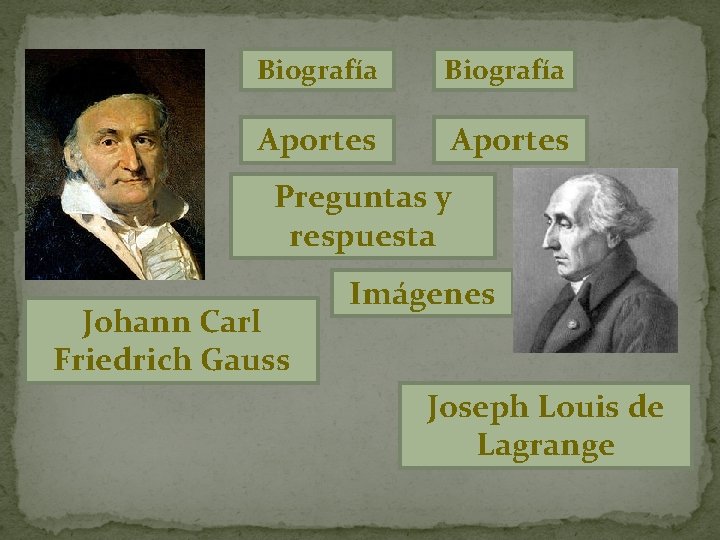 Biografía Aportes Preguntas y respuesta Johann Carl Friedrich Gauss Imágenes Joseph Louis de Lagrange