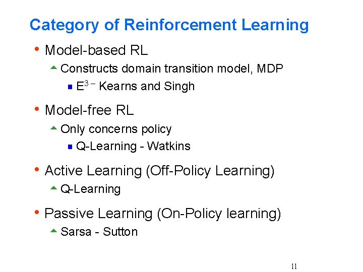 Category of Reinforcement Learning h Model-based RL 5 Constructs domain transition model, MDP 3