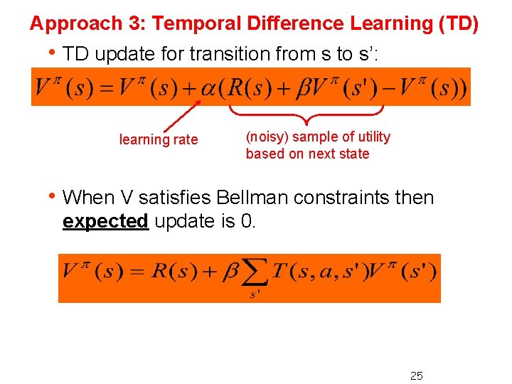 Approach 3: Temporal Difference Learning (TD) h TD update for transition from s to