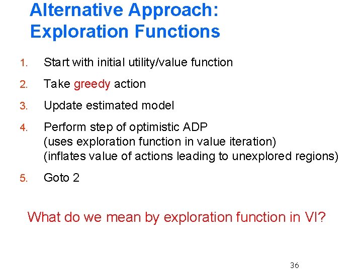 Alternative Approach: Exploration Functions 1. Start with initial utility/value function 2. Take greedy action