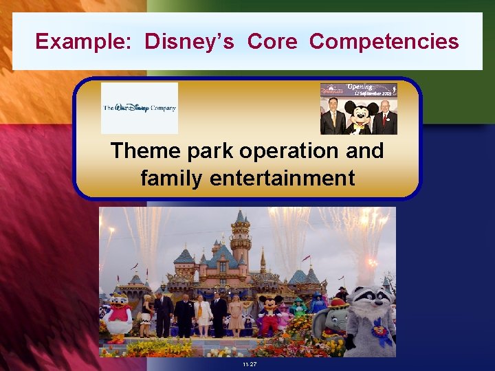 Example: Disney’s Core Competencies Theme park operation and family entertainment 11 -27 