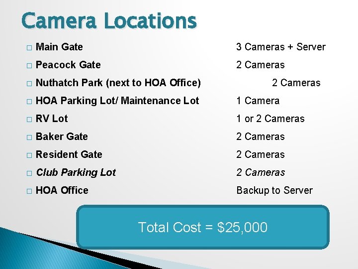 Camera Locations � Main Gate 3 Cameras + Server � Peacock Gate 2 Cameras