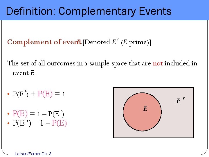 Definition: Complementary Events Complement of event E [Denoted E ′ (E prime)] The set