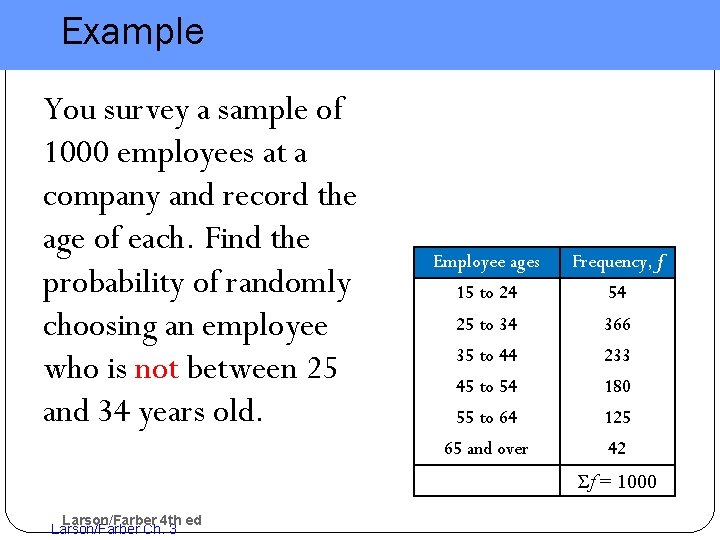 Example You survey a sample of 1000 employees at a company and record the