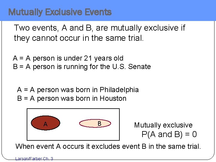 Mutually Exclusive Events Two events, A and B, are mutually exclusive if they cannot