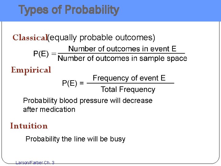 Types of Probability Classical(equally probable outcomes) Empirical Probability blood pressure will decrease after medication