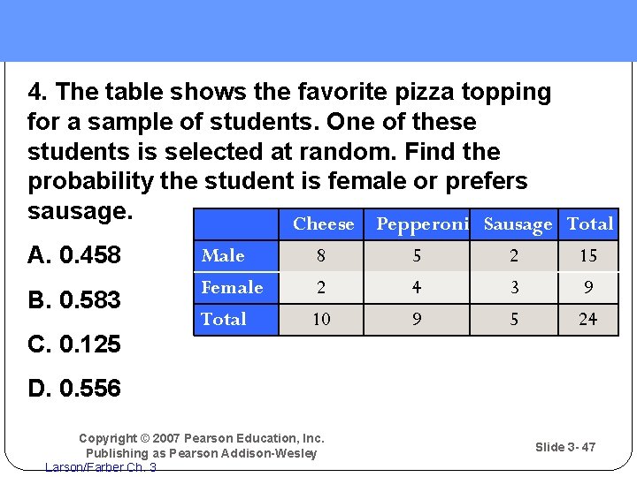 4. The table shows the favorite pizza topping for a sample of students. One