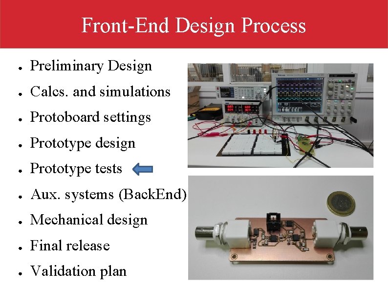 Front-End Design Process ● Preliminary Design ● Calcs. and simulations ● Protoboard settings ●