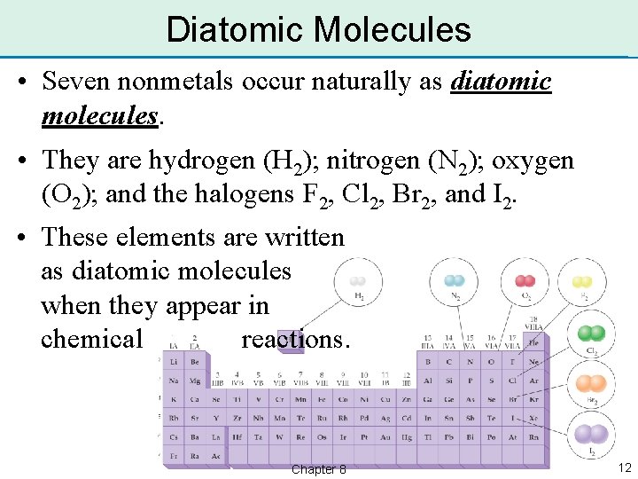 Diatomic Molecules • Seven nonmetals occur naturally as diatomic molecules. • They are hydrogen