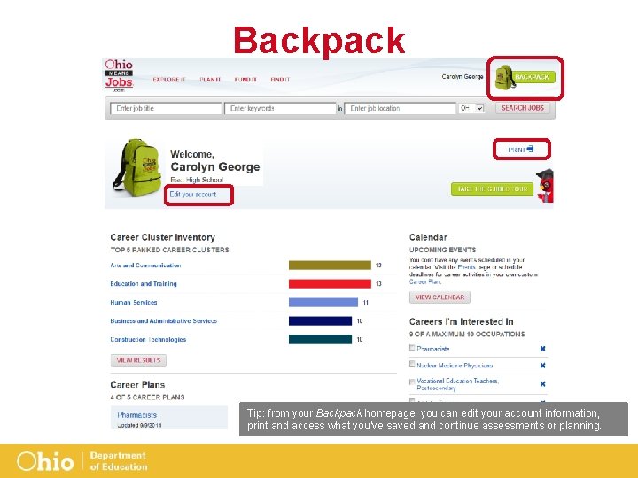 Backpack Tip: from your Backpack homepage, you can edit your account information, print and