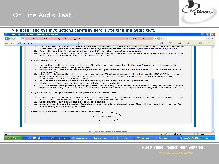 On Line Audio Test v Please read the instructions carefully before starting the audio