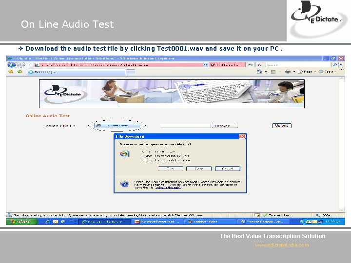On Line Audio Test v Download the audio test file by clicking Test 0001.