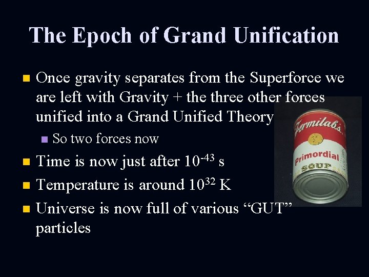 The Epoch of Grand Unification n Once gravity separates from the Superforce we are