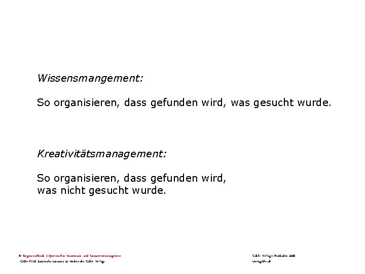 Wissensmangement: So organisieren, dass gefunden wird, was gesucht wurde. Kreativitätsmanagement: So organisieren, dass gefunden