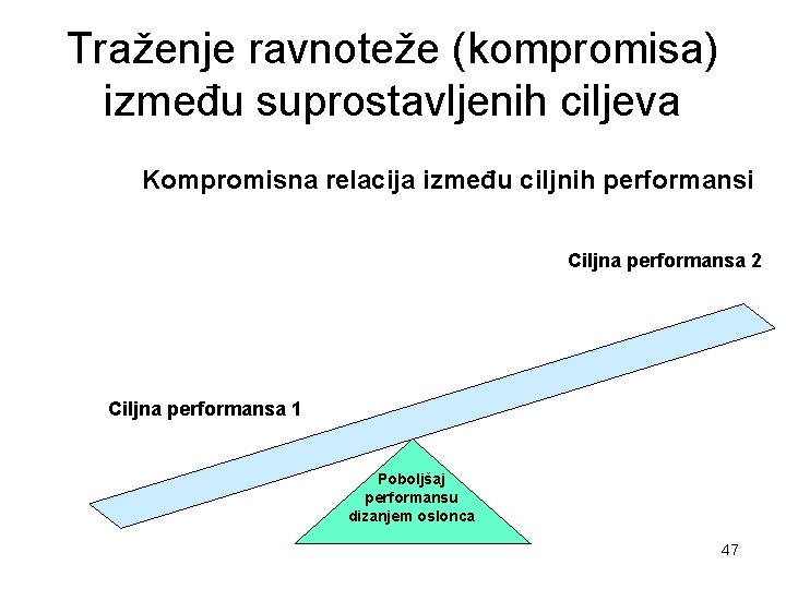 Traženje ravnoteže (kompromisa) između suprostavljenih ciljeva Kompromisna relacija između ciljnih performansi Ciljna performansa 2