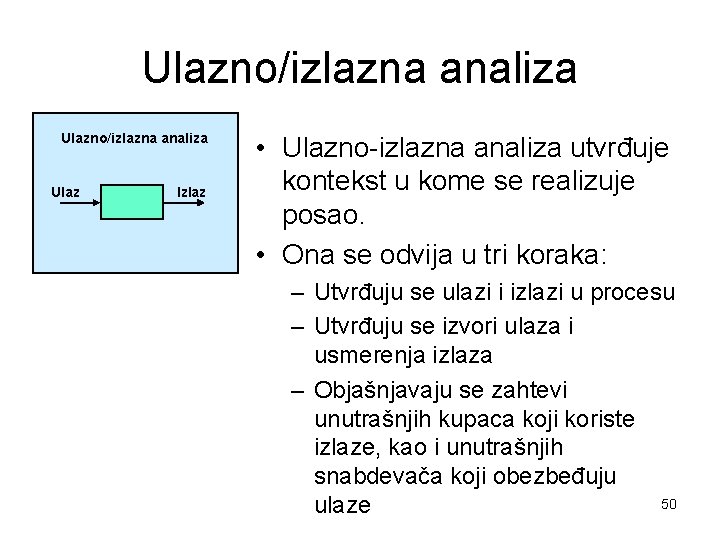 Ulazno/izlazna analiza Ulaz Izlaz • Ulazno-izlazna analiza utvrđuje kontekst u kome se realizuje posao.