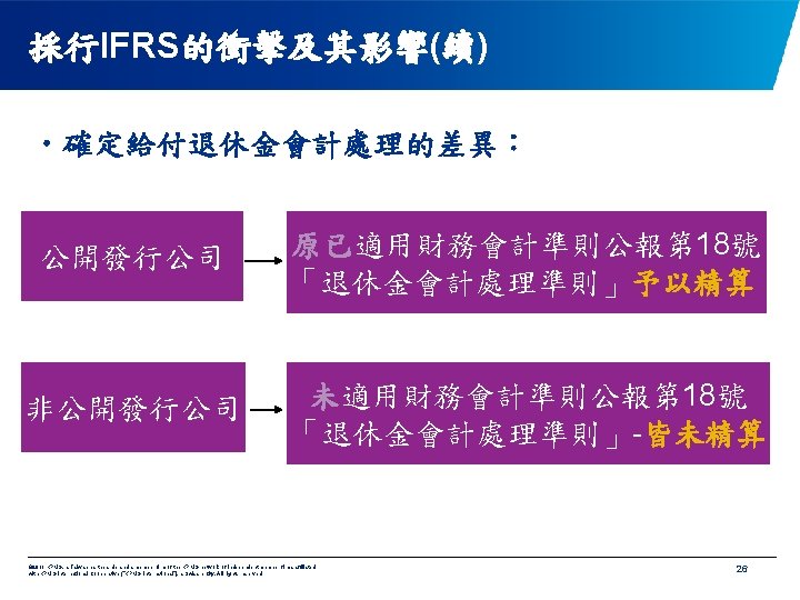 採行IFRS的衝擊及其影響(續) • 確定給付退休金會計處理的差異： 公開發行公司 原已適用財務會計準則公報第 18號 「退休金會計處理準則」予以精算 非公開發行公司 未適用財務會計準則公報第 18號 「退休金會計處理準則」-皆未精算 © 2011 KPMG,