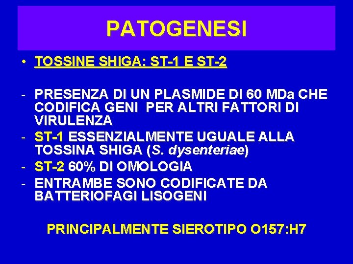 PATOGENESI • TOSSINE SHIGA: ST-1 E ST-2 - PRESENZA DI UN PLASMIDE DI 60