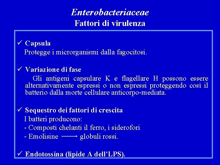 Enterobacteriaceae Fattori di virulenza ü Capsula Protegge i microrganismi dalla fagocitosi. ü Variazione di