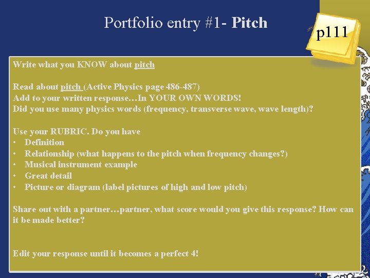 Portfolio entry #1 - Pitch p 111 Write what you KNOW about pitch Read
