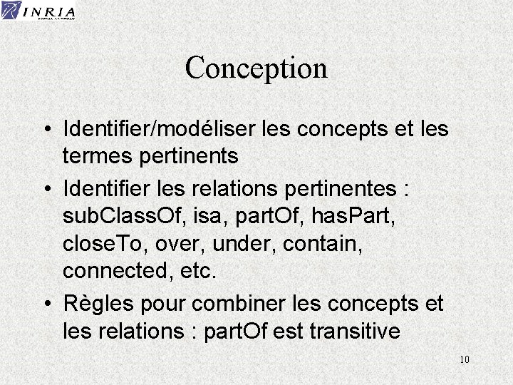 Conception • Identifier/modéliser les concepts et les termes pertinents • Identifier les relations pertinentes