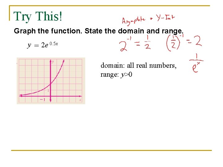 Try This! Graph the function. State the domain and range. y = 2 e