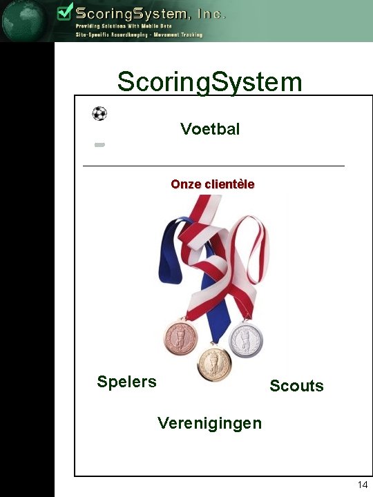 Scoring. System Voetbal Onze clientèle Spelers Scouts Verenigingen 14 