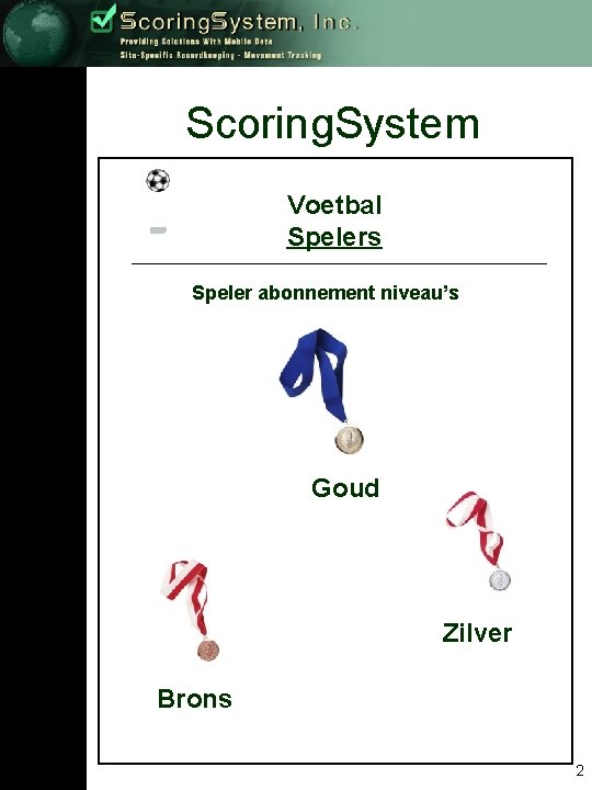 Scoring. System Voetbal Spelers Speler abonnement niveau’s Goud Zilver Brons 2 