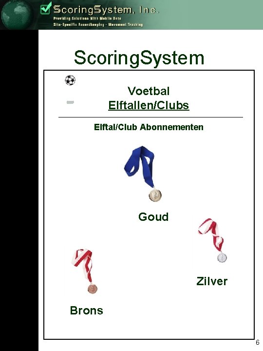 Scoring. System Voetbal Elftallen/Clubs Elftal/Club Abonnementen Goud Zilver Brons 6 